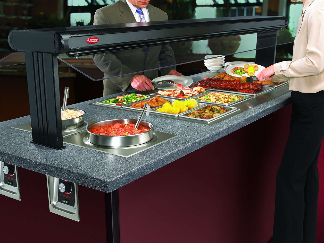 Hatco Built-In Heated Well Built-in heated wells on a buffet counter, Hatco HWB series application