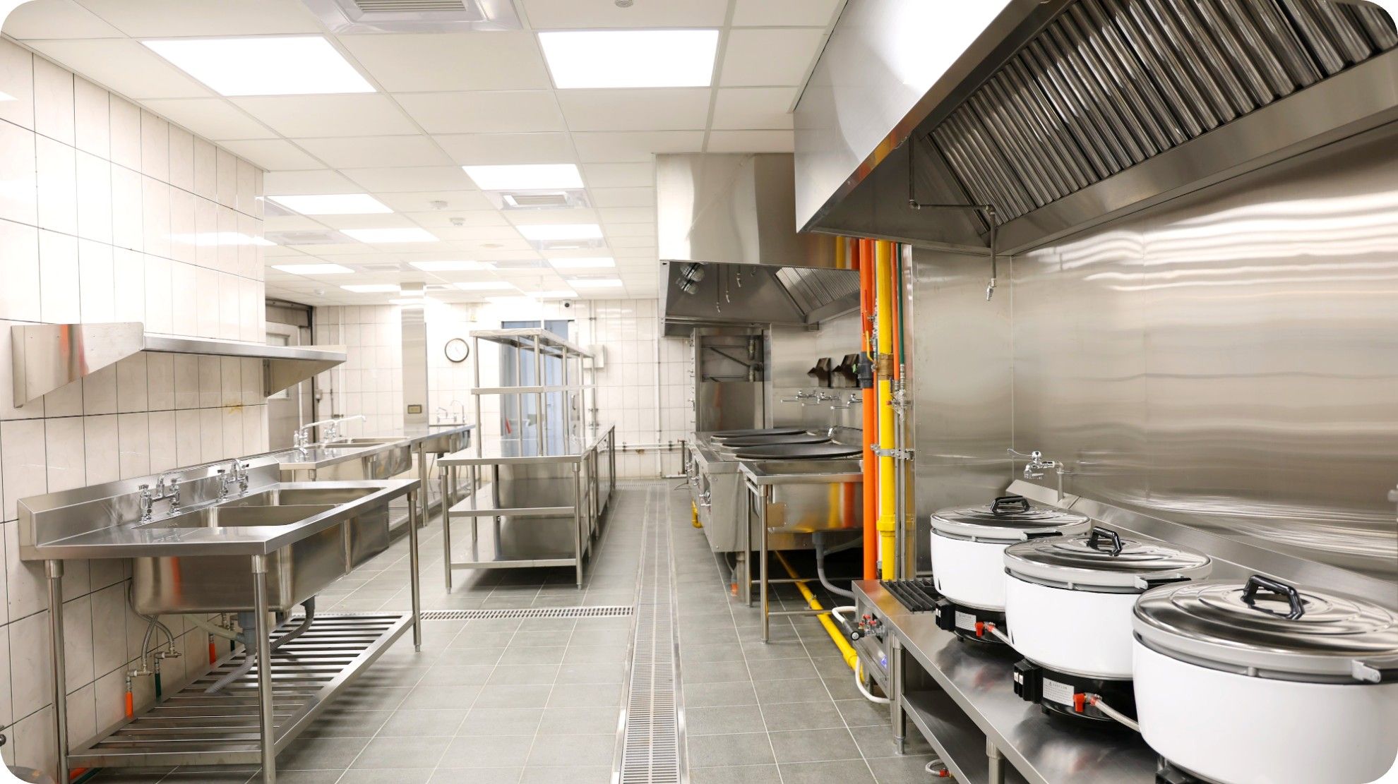 Back-of-house kitchen with rebuilt floor and drainage channels